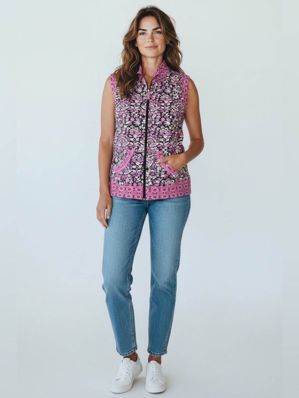 Oleg Cassini Vest Womens XL Pink Black Floral Print Full Zip Pockets Cotton